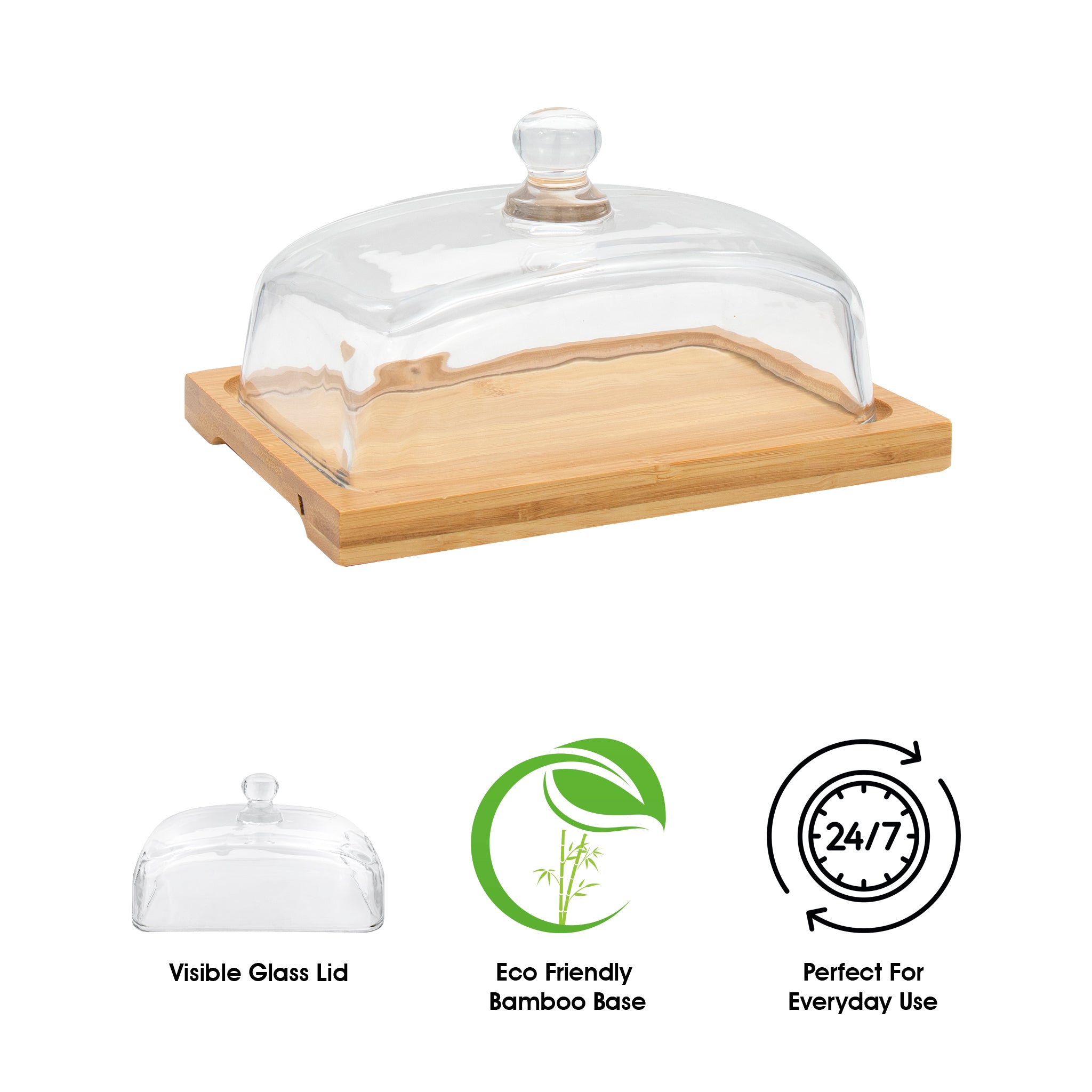REGENT GLASSS BUTTER DISH WITH BAMBOO BASE, 180X120MM