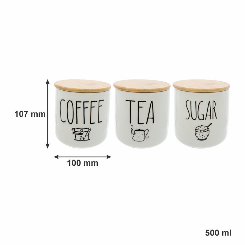 REGENT COFFEE,SUGAR,TEA CERAMIC JARS WITH BAMBOO LIDS AND TRAY, 500ML