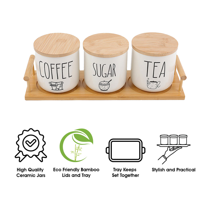 REGENT COFFEE,SUGAR,TEA CERAMIC JARS WITH BAMBOO LIDS AND TRAY, 500ML