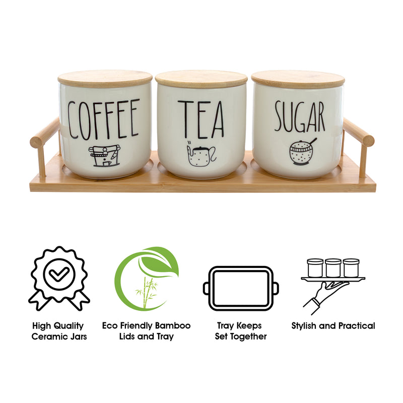 REGENT COFFEE,SUGAR,TEA CERAMIC JARS WITH BAMBOO LIDS AND TRAY, 500ML