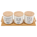 REGENT COFFEE,SUGAR,TEA CERAMIC JARS WITH BAMBOO LIDS AND TRAY, 500ML