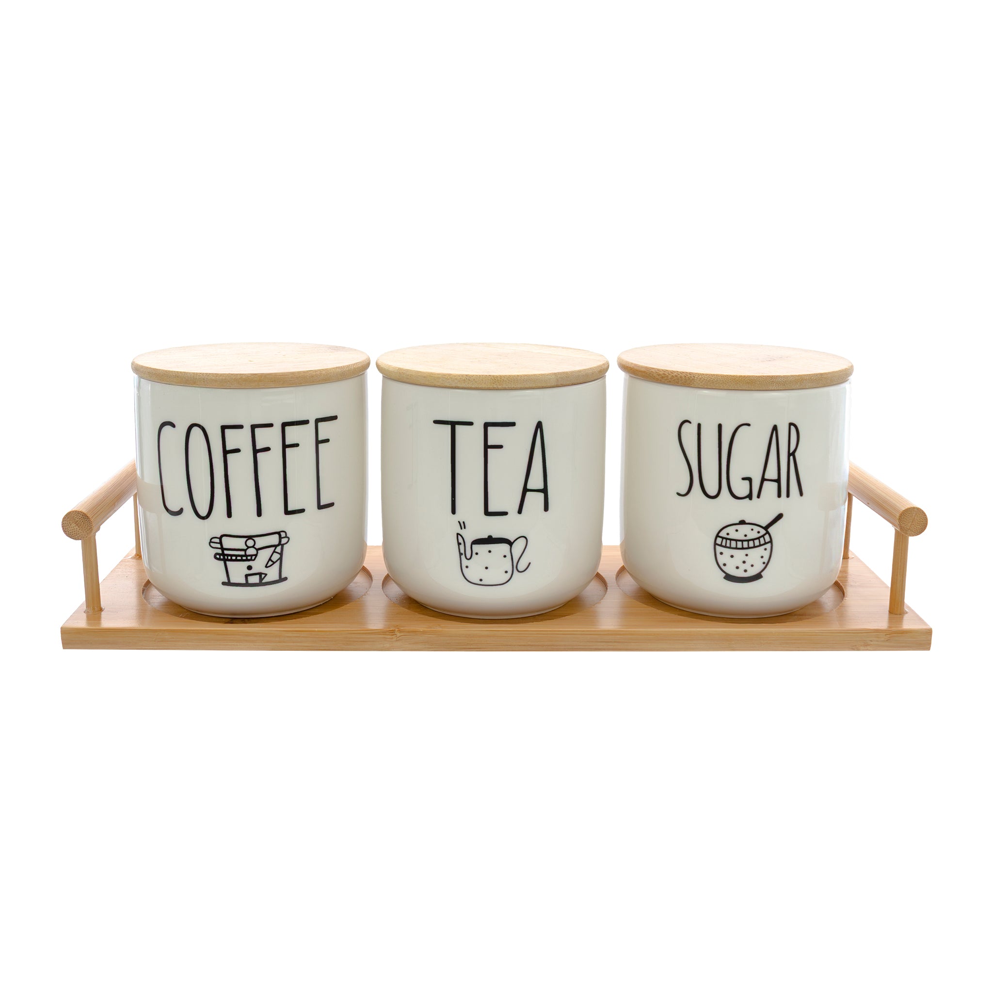 REGENT COFFEE,SUGAR,TEA CERAMIC JARS WITH BAMBOO LIDS AND TRAY 7PCS SET, 500ML