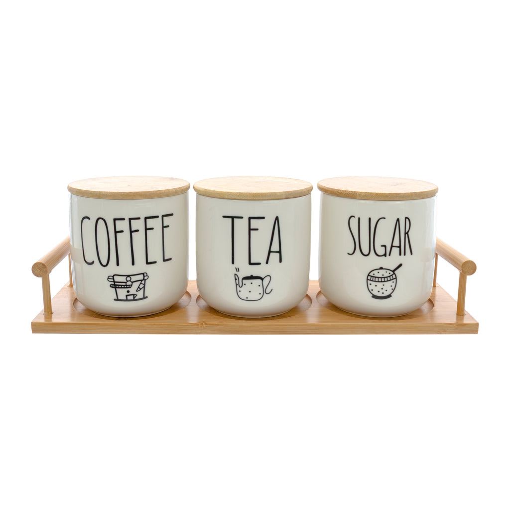 REGENT COFFEE,SUGAR,TEA CERAMIC JARS WITH BAMBOO LIDS AND TRAY, 500ML