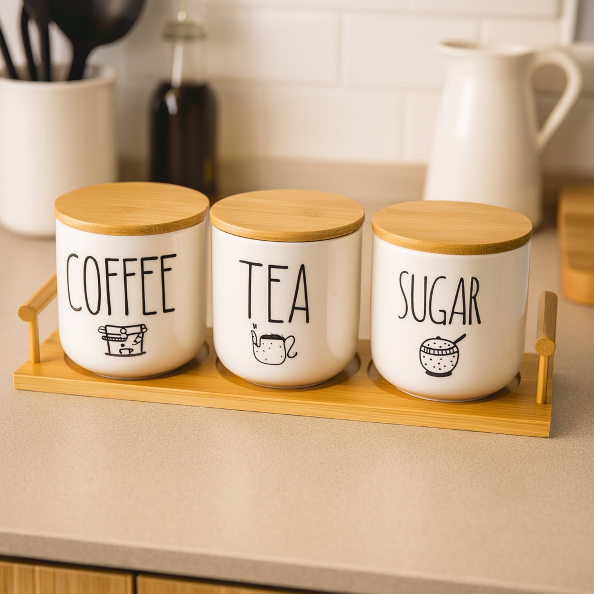 REGENT CERAMIC COFFEE, SUGAR & TEA JARS WITH BAMBOO LIDS ON A TRAY 7 PCS SET, 600ML