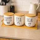 REGENT COFFEE,SUGAR,TEA CERAMIC JARS WITH BAMBOO LIDS AND TRAY, 500ML
