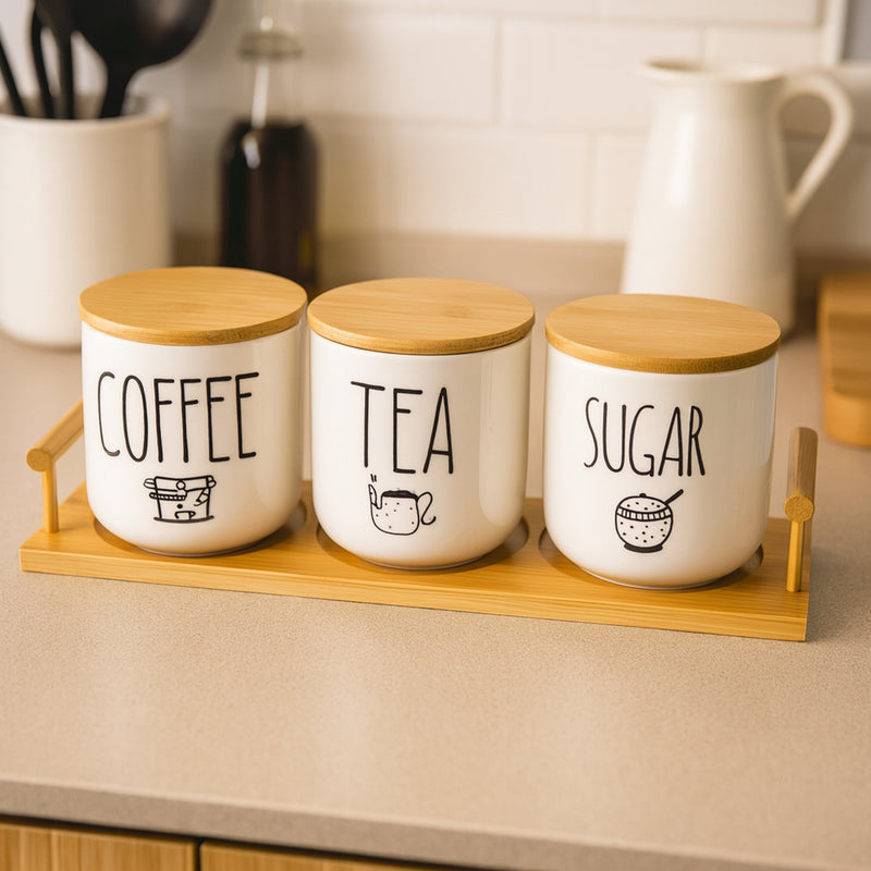 REGENT COFFEE,SUGAR,TEA CERAMIC JARS WITH BAMBOO LIDS AND TRAY, 500ML