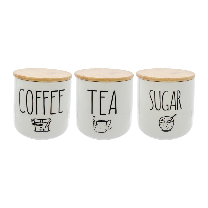 REGENT COFFEE,SUGAR,TEA CERAMIC JARS WITH BAMBOO LIDS AND TRAY, 500ML