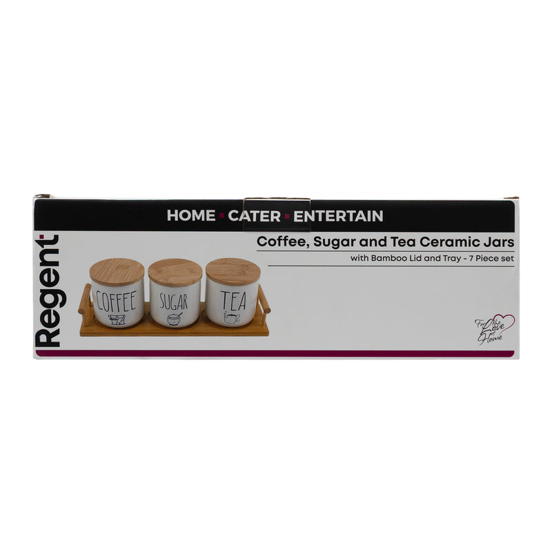 REGENT COFFEE,SUGAR,TEA CERAMIC JARS WITH BAMBOO LIDS AND TRAY, 500ML