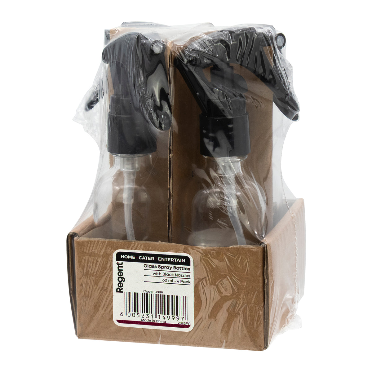REGENT GLASS SPRAY BOTTLES WITH BLACK LIDS 4PK, 60ML
