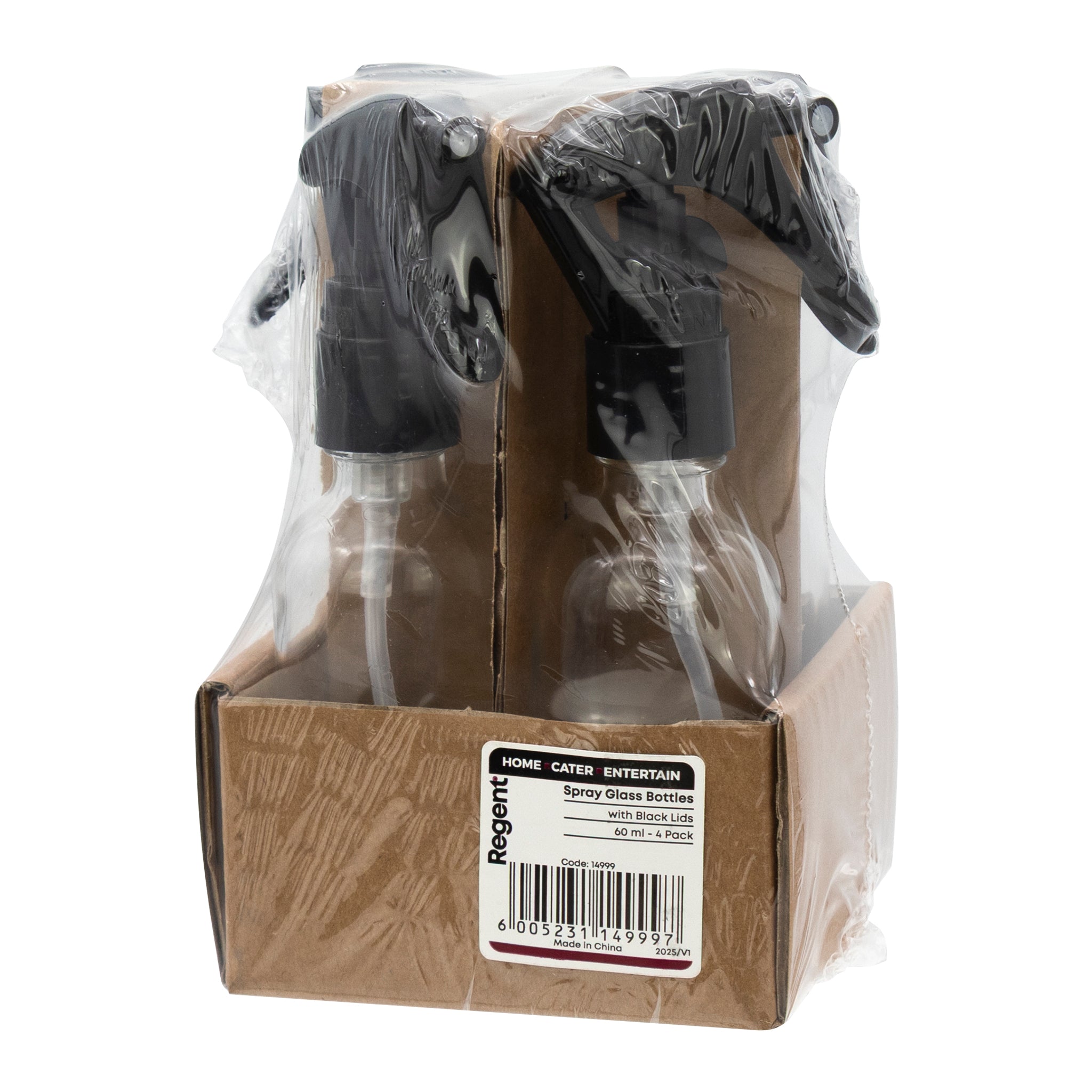 REGENT GLASS SPRAY BOTTLES WITH BLACK LIDS 4PK, 60ML