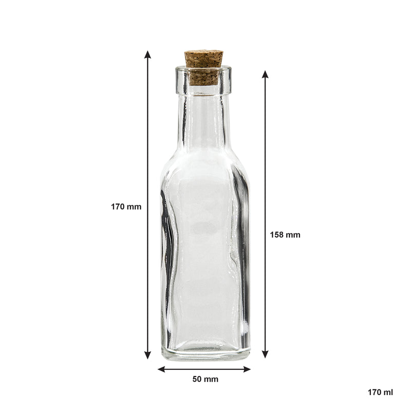 REGENT GLASS BOTTLE SQUARE WITH CORK LID 12 PACK, 170ML (170X50X50)