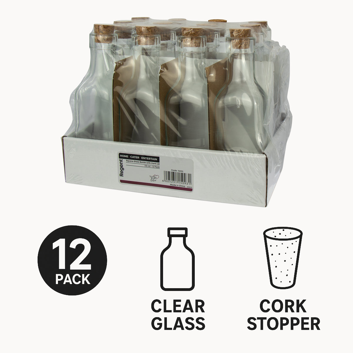 REGENT GLASS SQUARE BOTTLES WITH CORK LIDS 12PK, 170ML