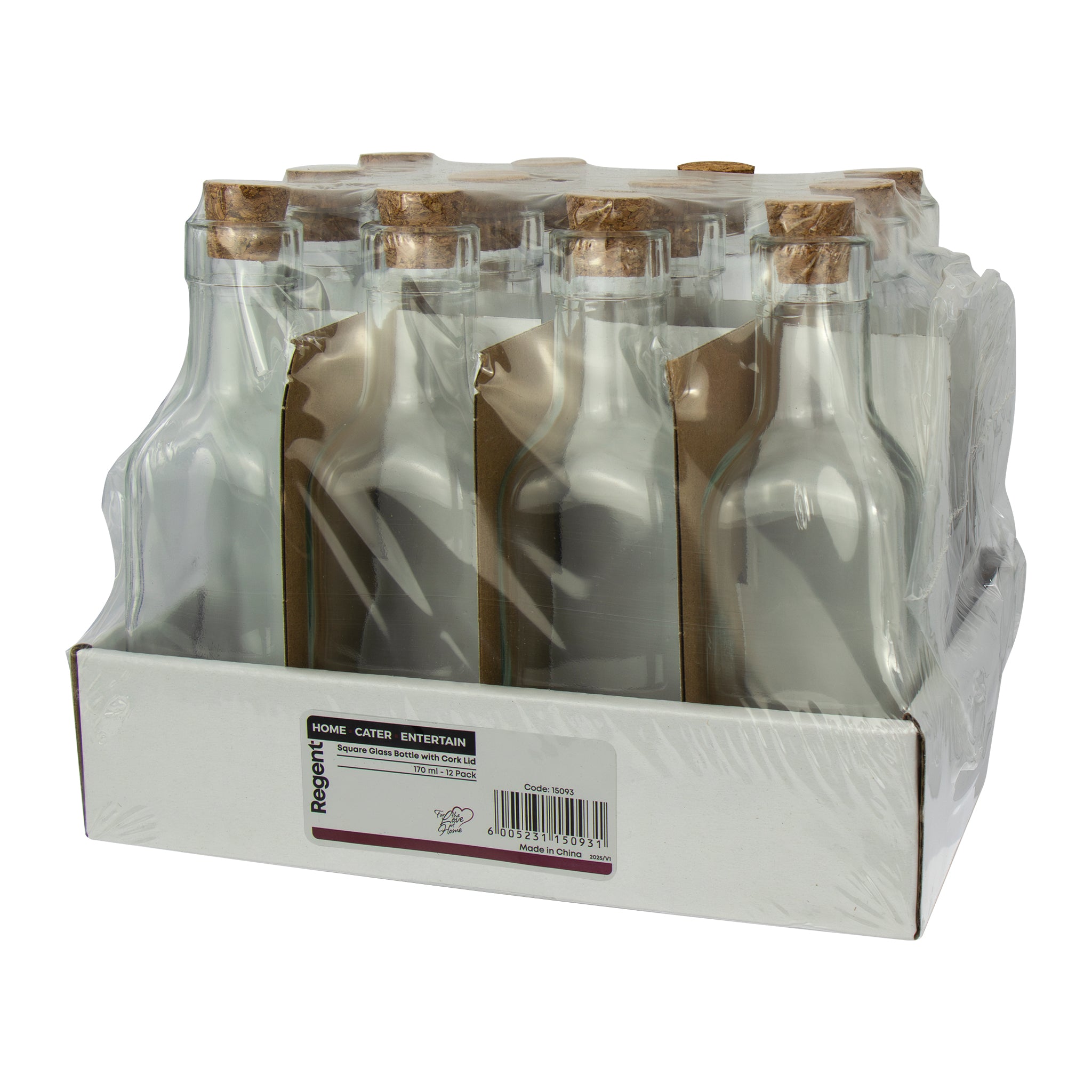 REGENT GLASS SQUARE BOTTLES WITH CORK LIDS 12PK, 170ML