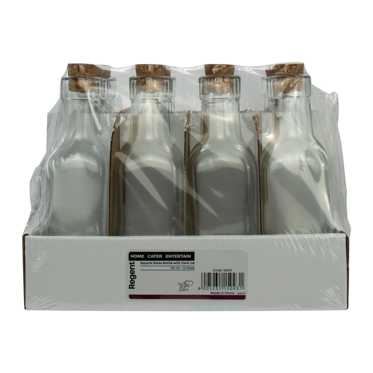 REGENT GLASS SQUARE BOTTLES WITH CORK LIDS 12PK, 170ML