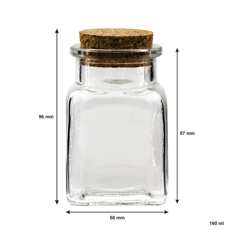 REGENT GLASS JARS SQUARE WITH CORK LID 6 PACK, 160ML (96X56X56MM)