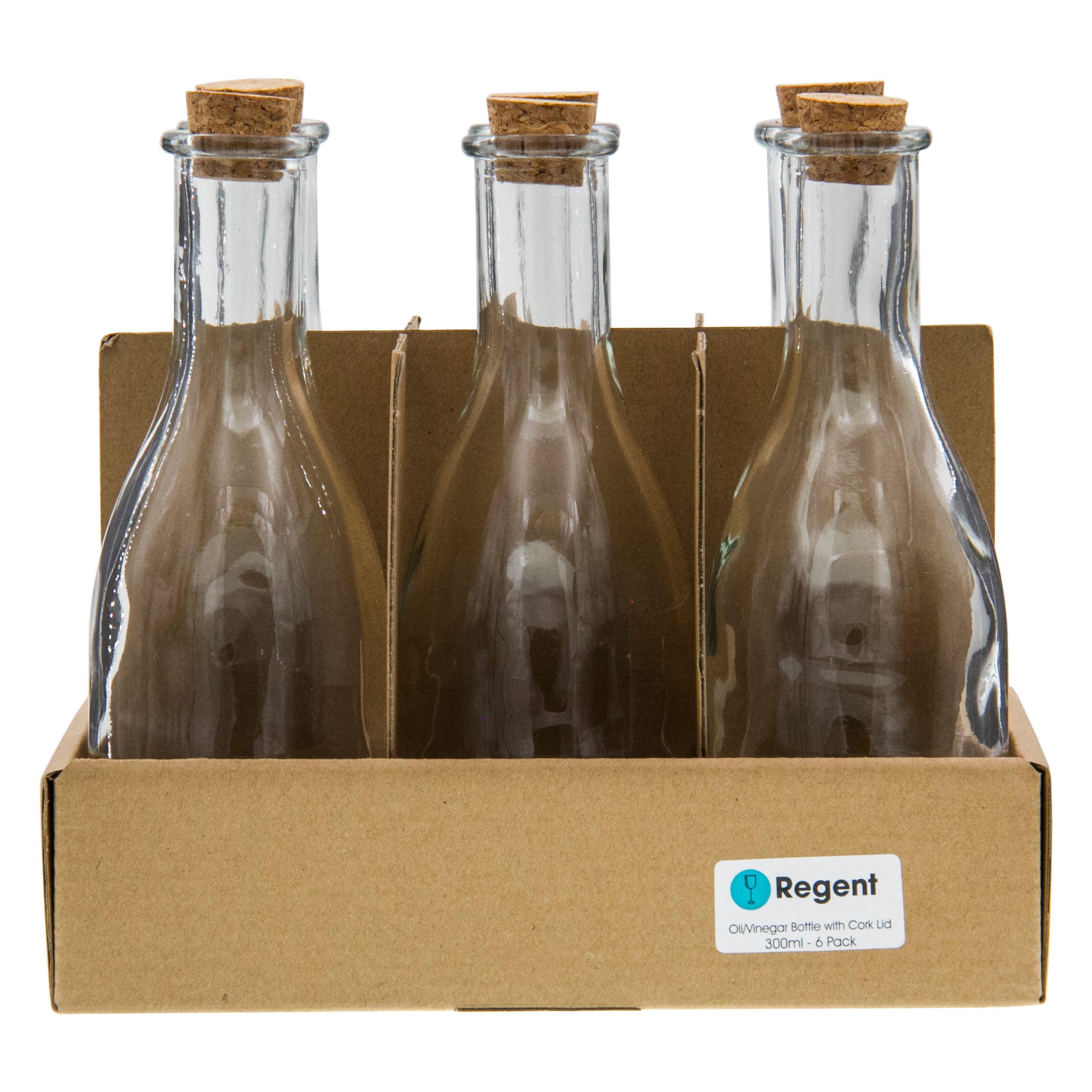 REGENT GLASS OIL/VINEGAR BOTTLES ROUND WITH CORK LIDS 6PK, 300ML