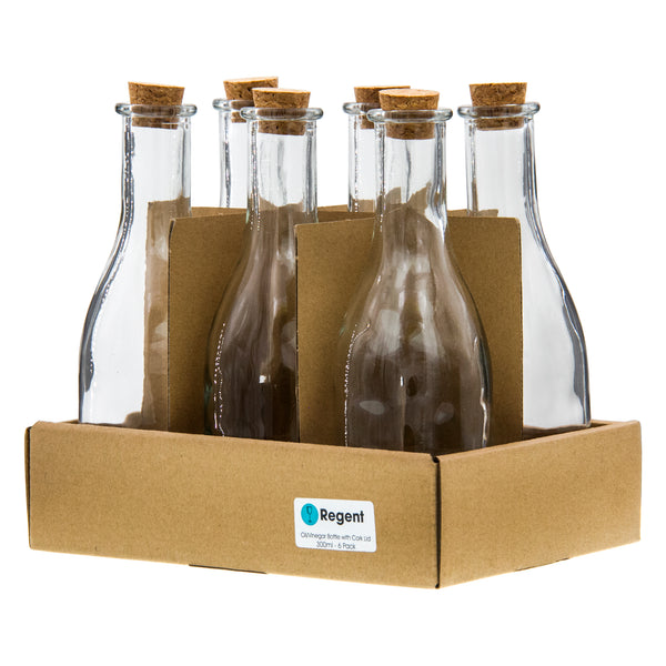 REGENT GLASS OIL/VINEGAR BOTTLE ROUND WITH CORK LID 6 PACK, 300ML (65MM DIAX194MM)