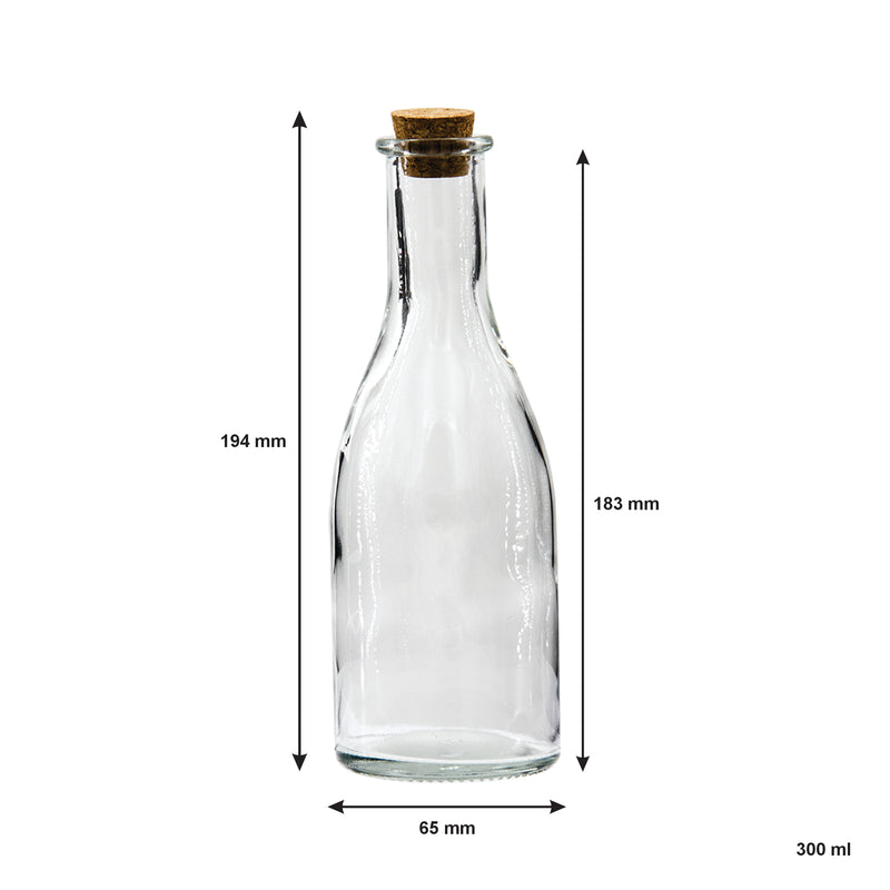 REGENT GLASS OIL/VINEGAR BOTTLE ROUND WITH CORK LID 6 PACK, 300ML (65MM DIAX194MM)