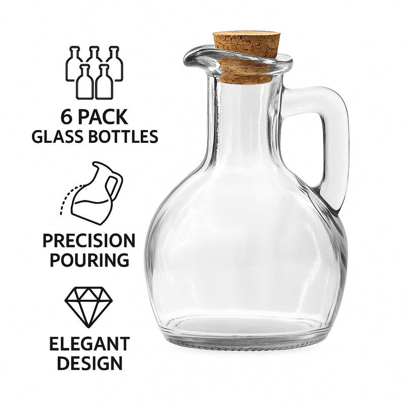 REGENT GLASS OIL/VINEGAR BOTTLE ROUND WITH HANDLE & CORK LID 6PK, 170ML