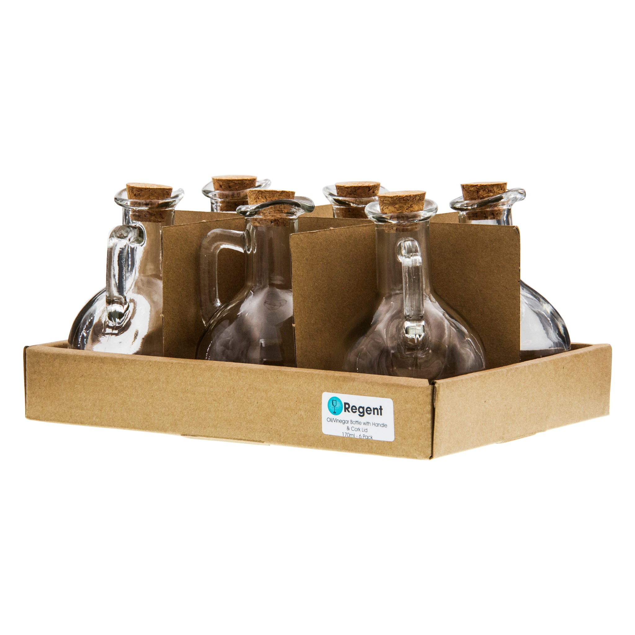 REGENT GLASS OIL/VINEGAR BOTTLES ROUND WITH HANDLE & CORK LIDS 6PK, 170ML