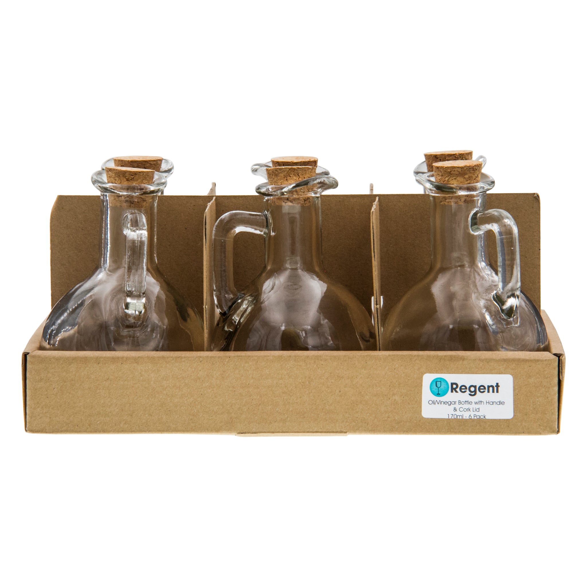 REGENT GLASS OIL/VINEGAR BOTTLES ROUND WITH HANDLE & CORK LIDS 6PK, 170ML