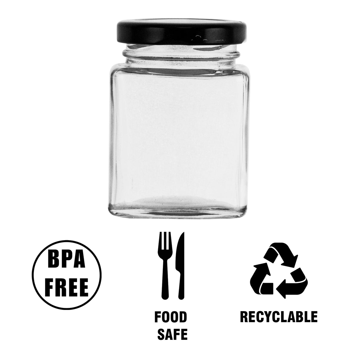 REGENT GLASS SQUARE JARS WITH BLACK LIDS 12PK, 100ML