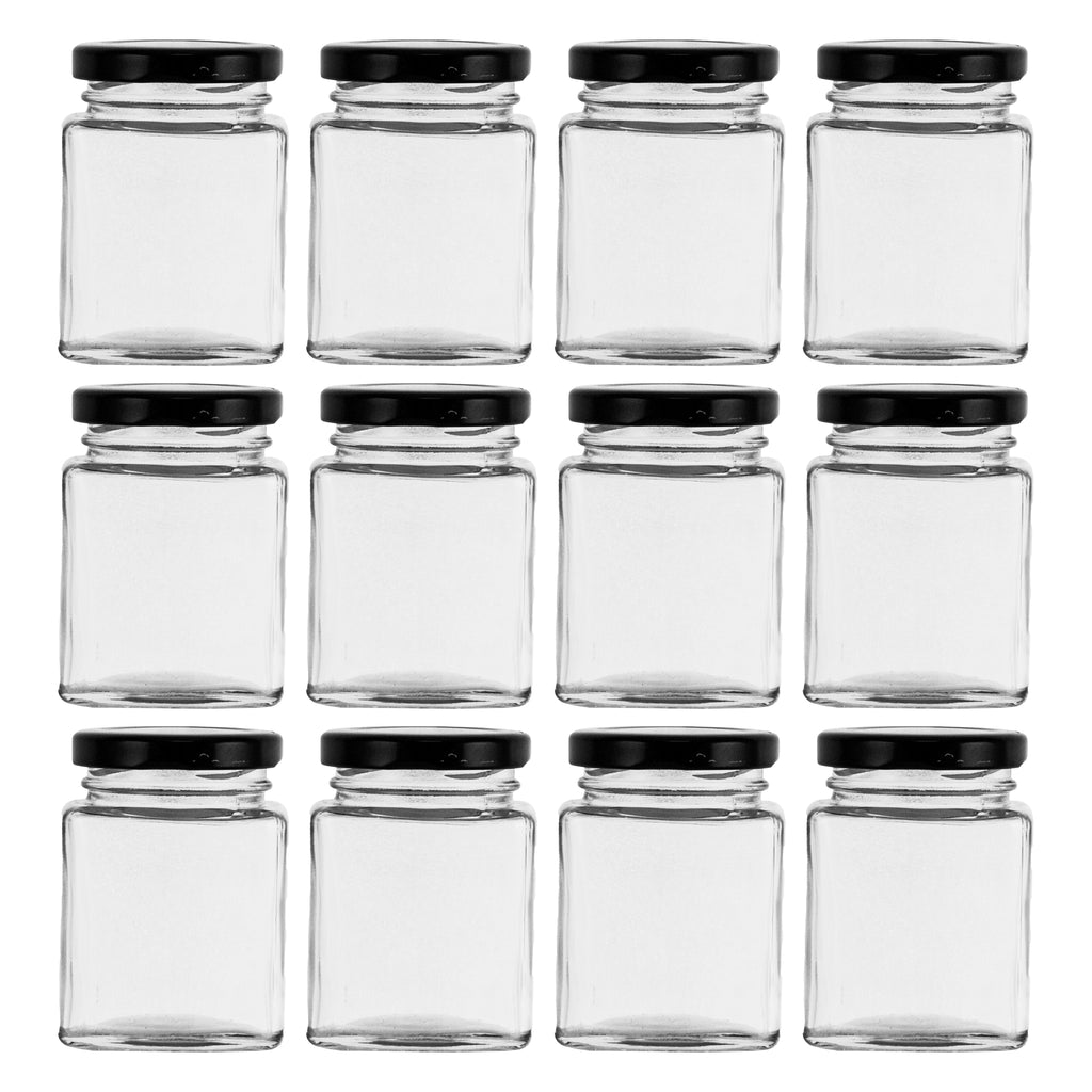 REGENT GLASS SQUARE JARS WITH BLACK LIDS 12PK, 100ML