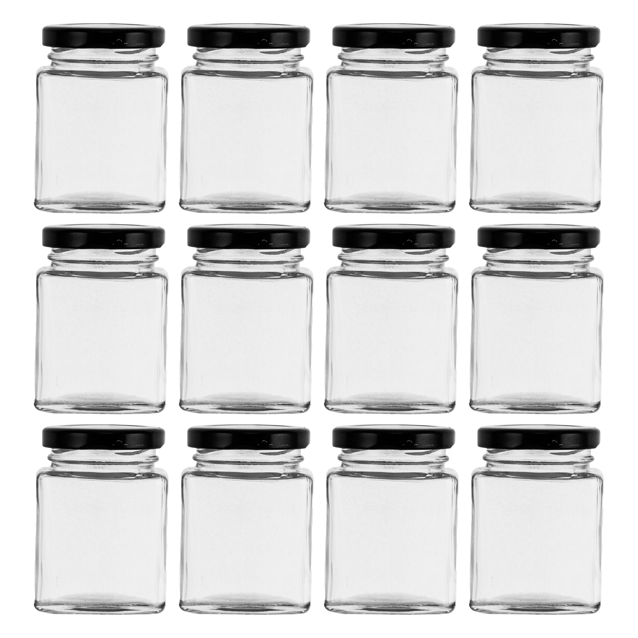 REGENT GLASS SQUARE JARS WITH BLACK LIDS 12PK, 100ML