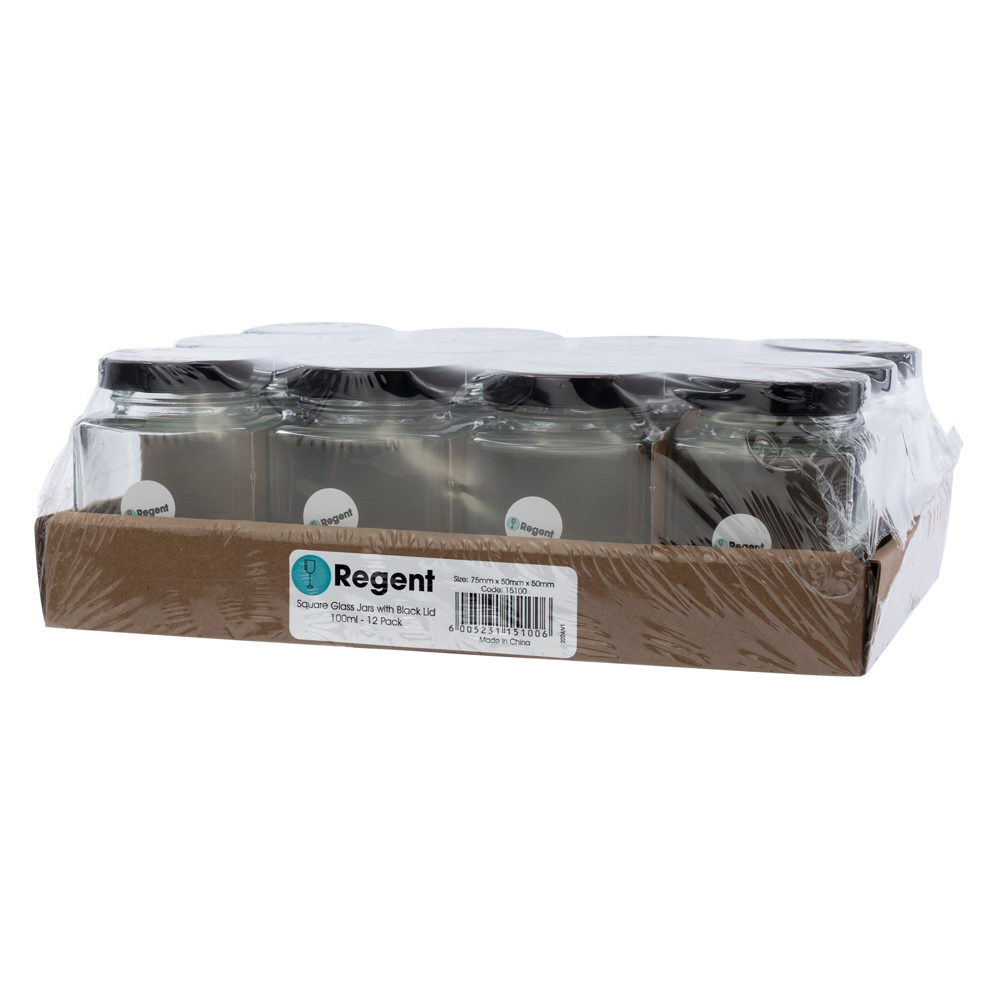 REGENT GLASS SQUARE JARS WITH BLACK LIDS 12PK, 100ML