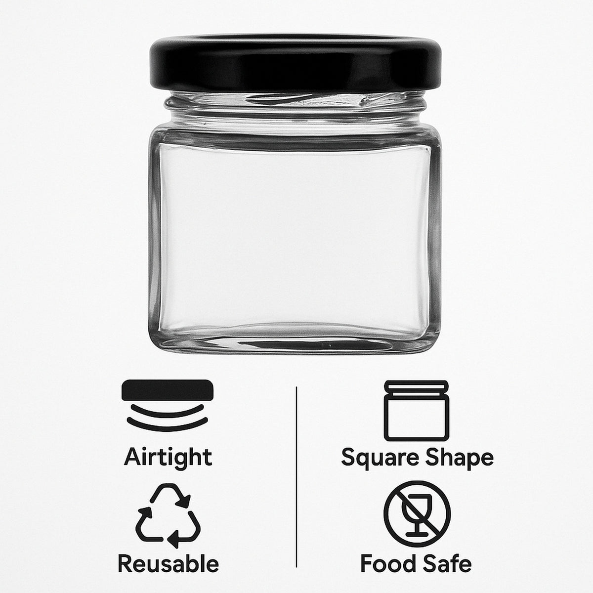 REGENT GLASS SQUARE JARS WITH BLACK LIDS 12PK, 80ML