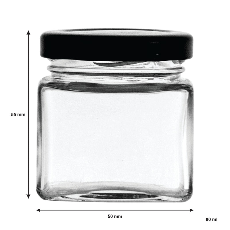 REGENT GLASS SQUARE JAR WITH BLACK LID 12 PACK, 80ML (55X50X50MM)