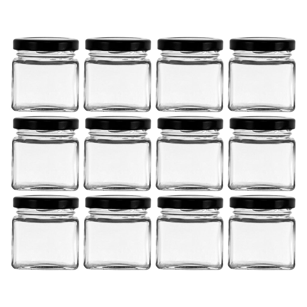 REGENT GLASS SQUARE JARS WITH BLACK LIDS 12PK, 80ML
