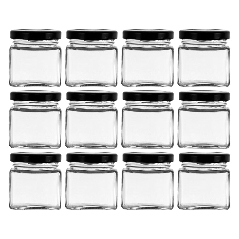 REGENT GLASS SQUARE JAR WITH BLACK LID 12 PACK, 80ML (55X50X50MM)