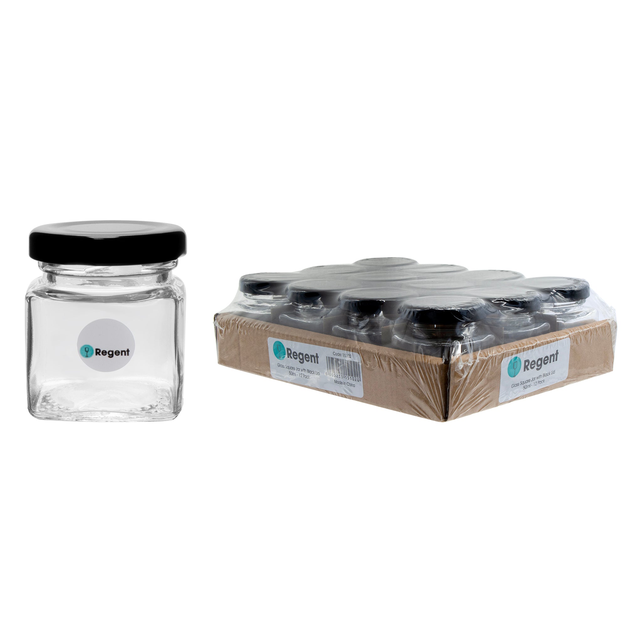 REGENT GLASS SQUARE JARS WITH BLACK LIDS 12PK, 50ML