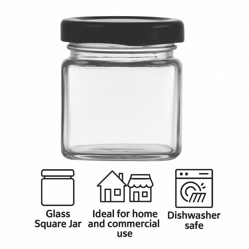 REGENT GLASS SQUARE JAR WITH BLACK LID 12PK, 50ML