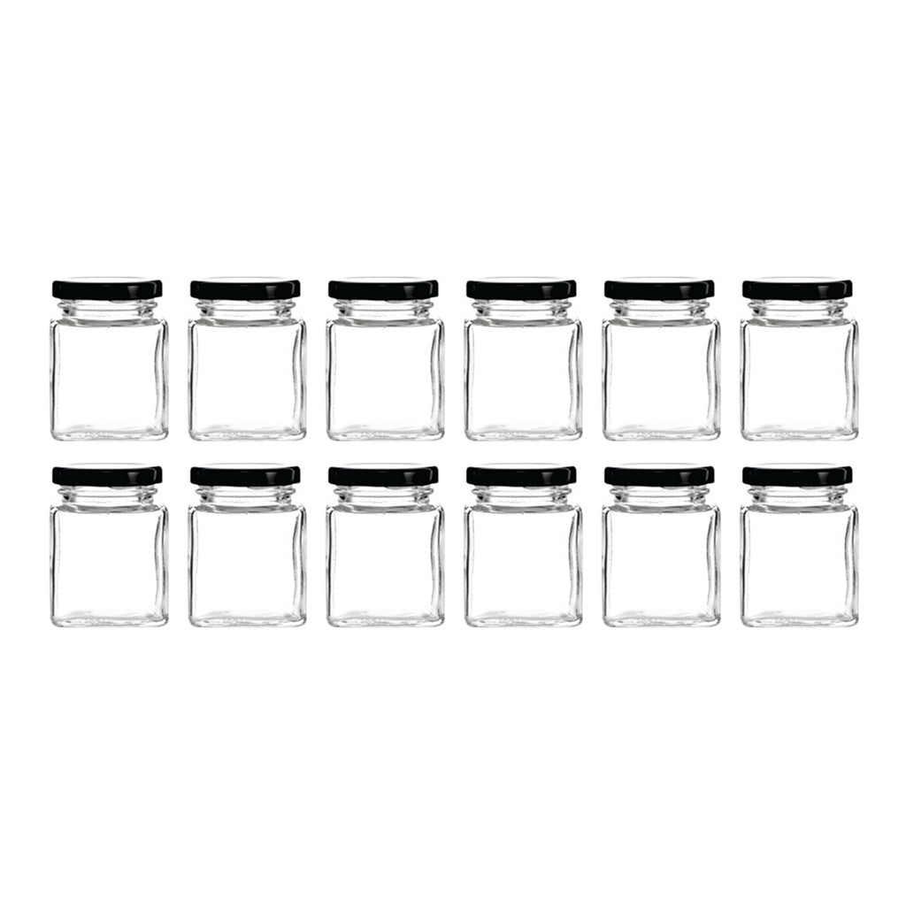 REGENT GLASS SQUARE JAR WITH BLACK LID 12 PACK, 50ML