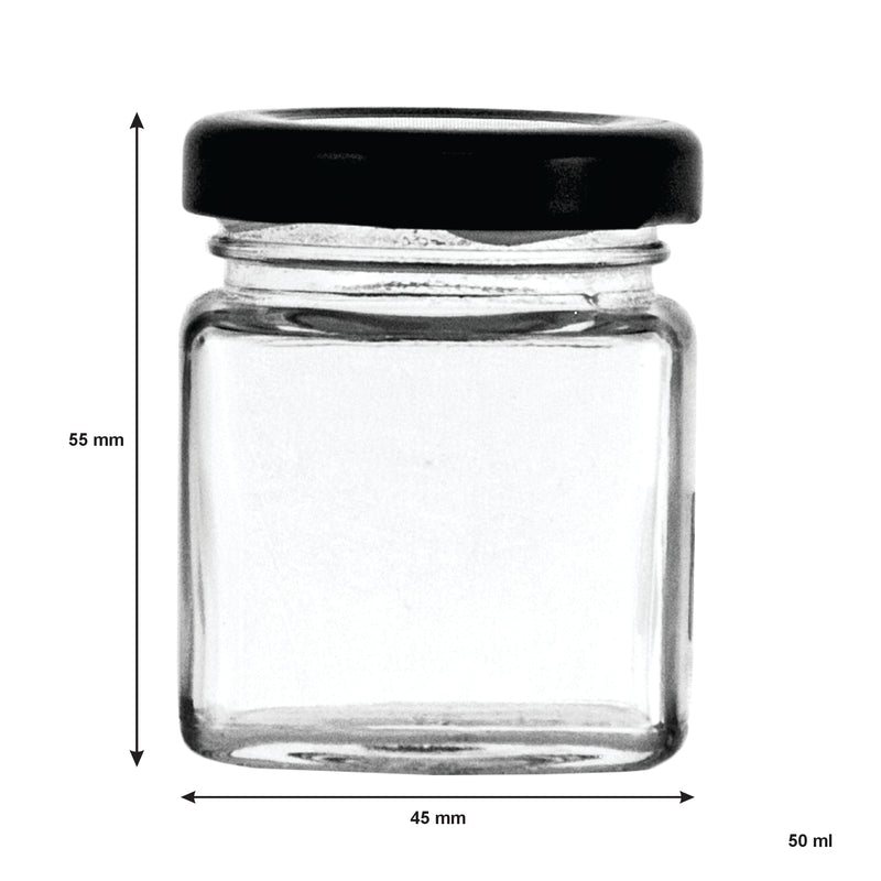 REGENT GLASS SQUARE JAR WITH BLACK LID 12 PACK, 50ML (55X45X45MM)