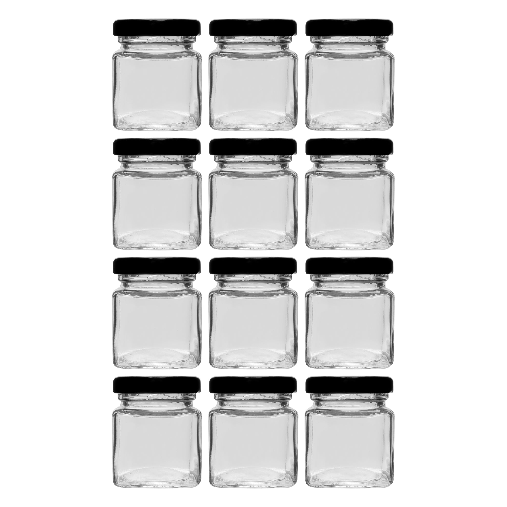 REGENT GLASS SQUARE JARS WITH BLACK LIDS 12PK, 50ML