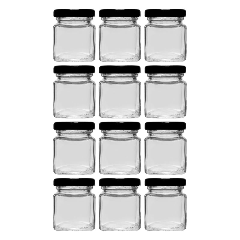 REGENT GLASS SQUARE JAR WITH BLACK LID 12 PACK, 50ML (55X45X45MM)