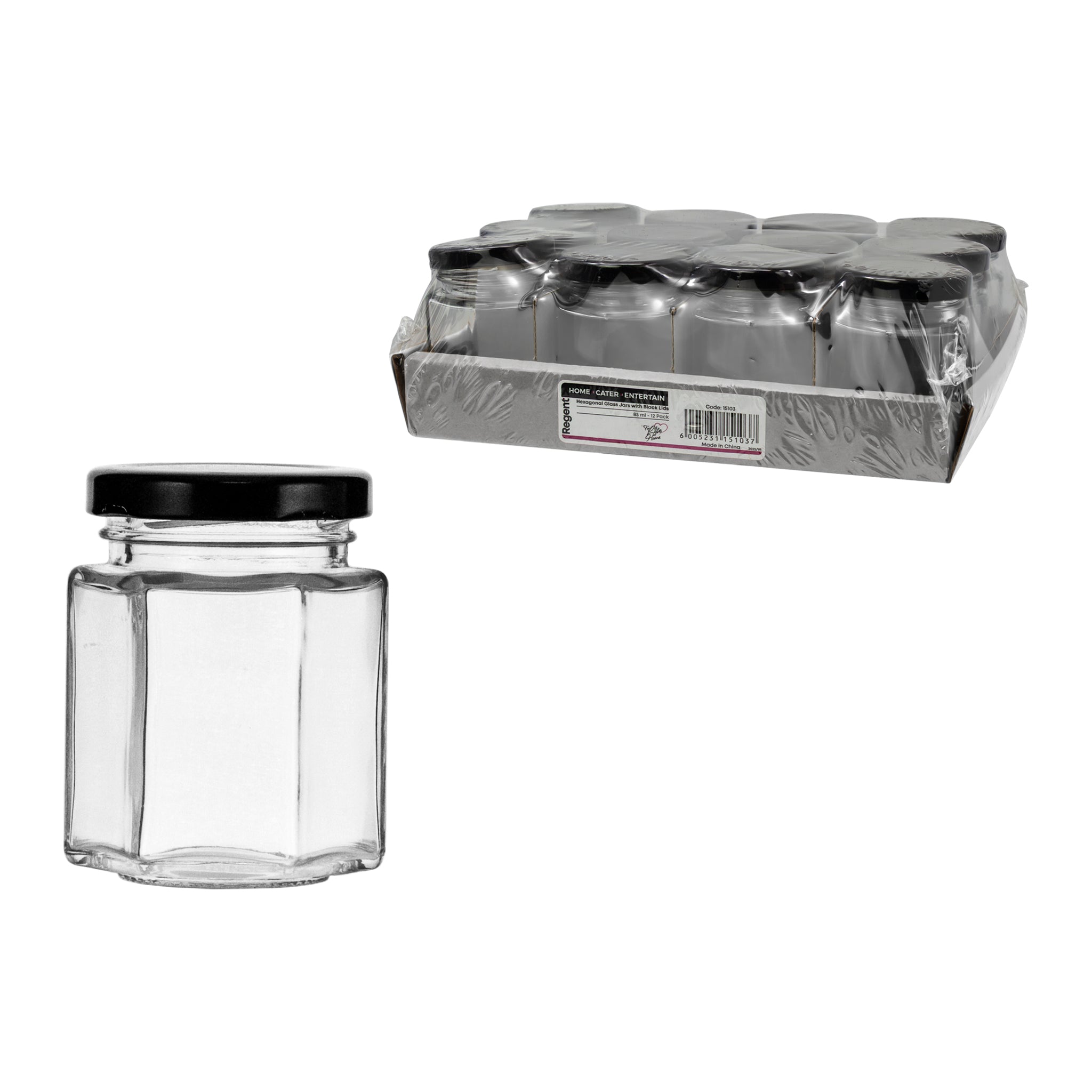 REGENT GLASS HEXAGONAL JARS WITH BLACK LIDS 12PK, 85ML