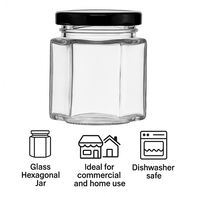 REGENT GLASS HEXAGONAL JAR WITH BLACK LID 12PK, 85ML