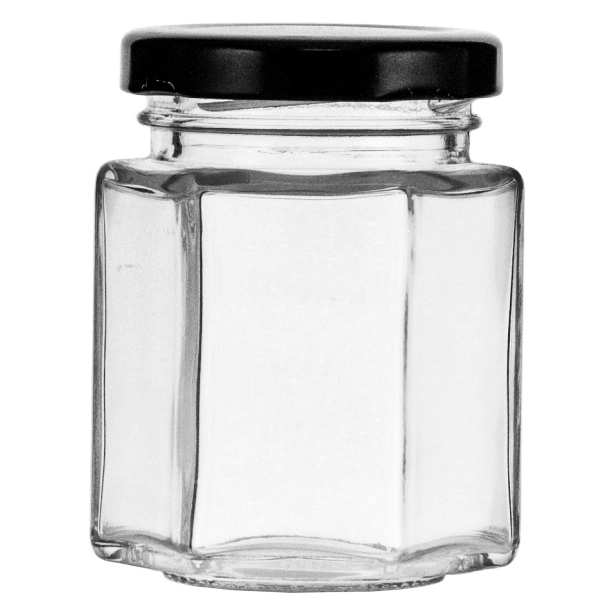 REGENT GLASS HEXAGONAL JARS WITH BLACK LIDS 12PK, 85ML