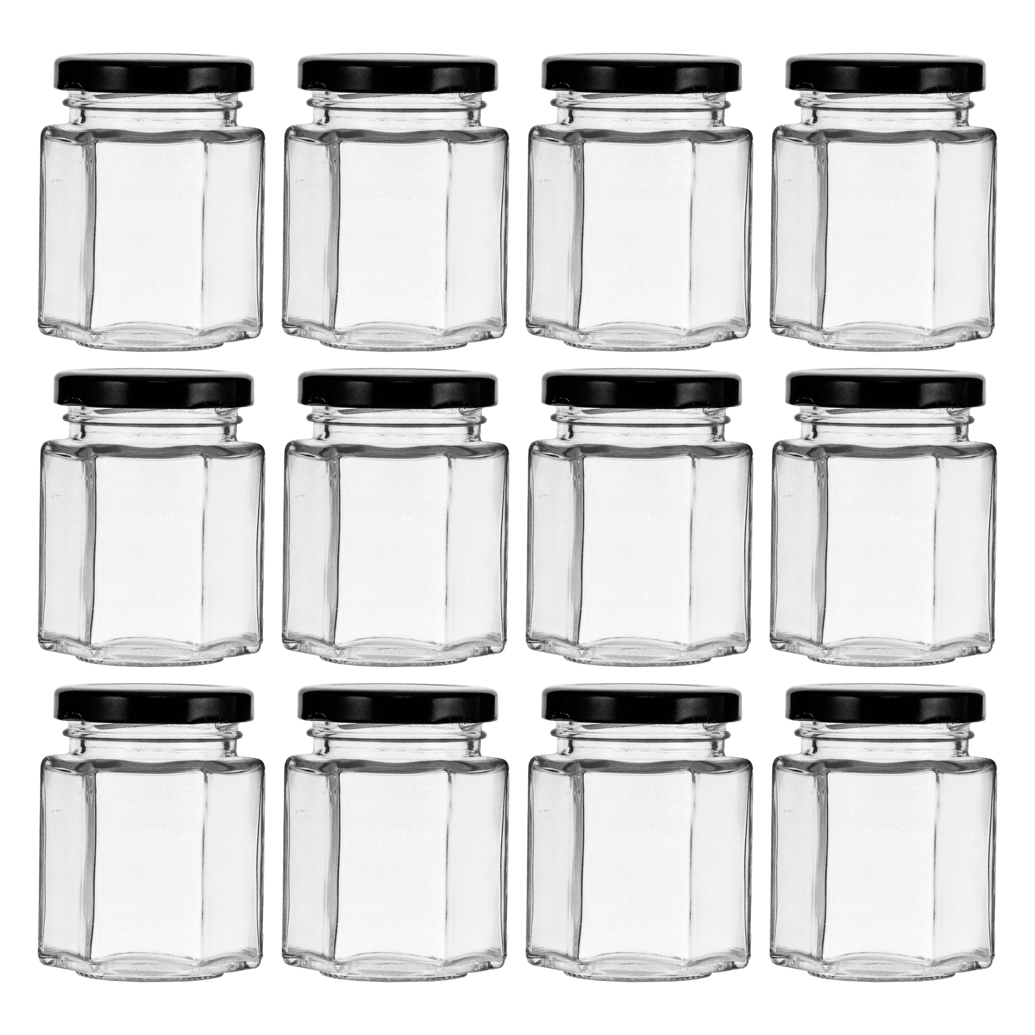 REGENT GLASS HEXAGONAL JARS WITH BLACK LIDS 12PK, 85ML