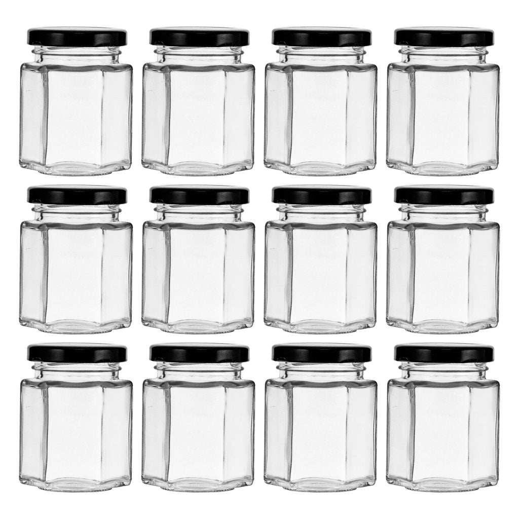 REGENT GLASS HEXAGONAL JAR WITH BLACK LID 12 PACK, 85ML