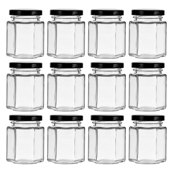 REGENT GLASS HEXAGONAL JAR WITH BLACK LID 12 PACK, 85ML