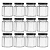 REGENT GLASS HEXAGONAL JAR WITH BLACK LID 12 PACK, 85ML (50MM DIAX75MM)