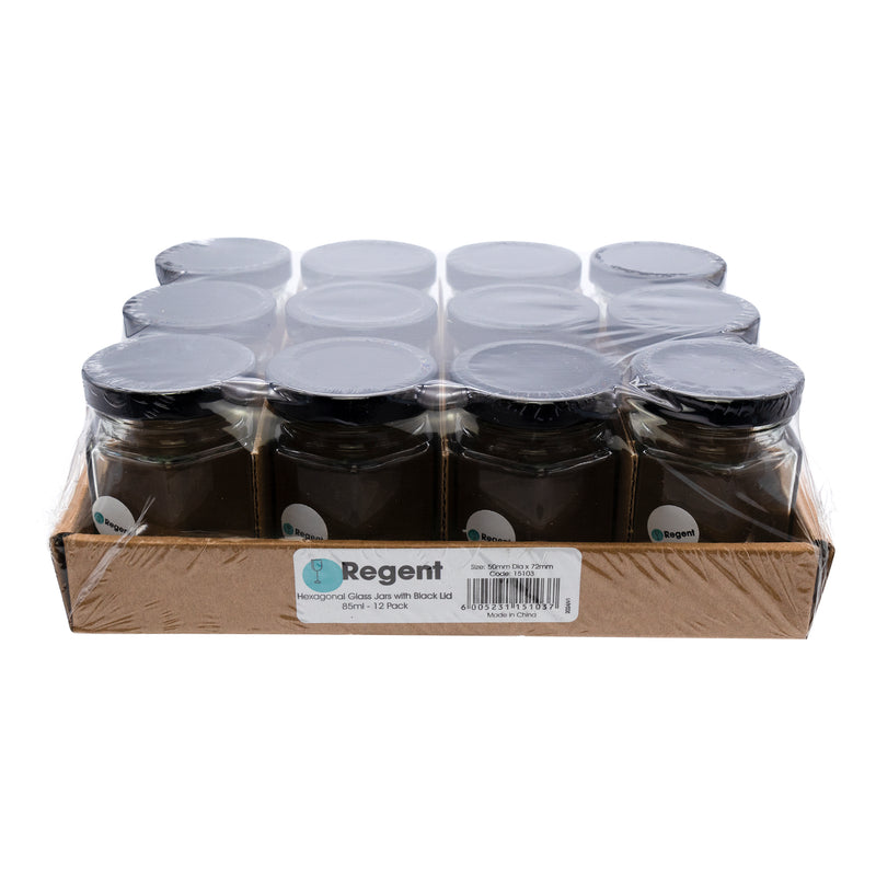 REGENT GLASS HEXAGONAL JAR WITH BLACK LID 12 PACK, 85ML (50MM DIAX75MM)