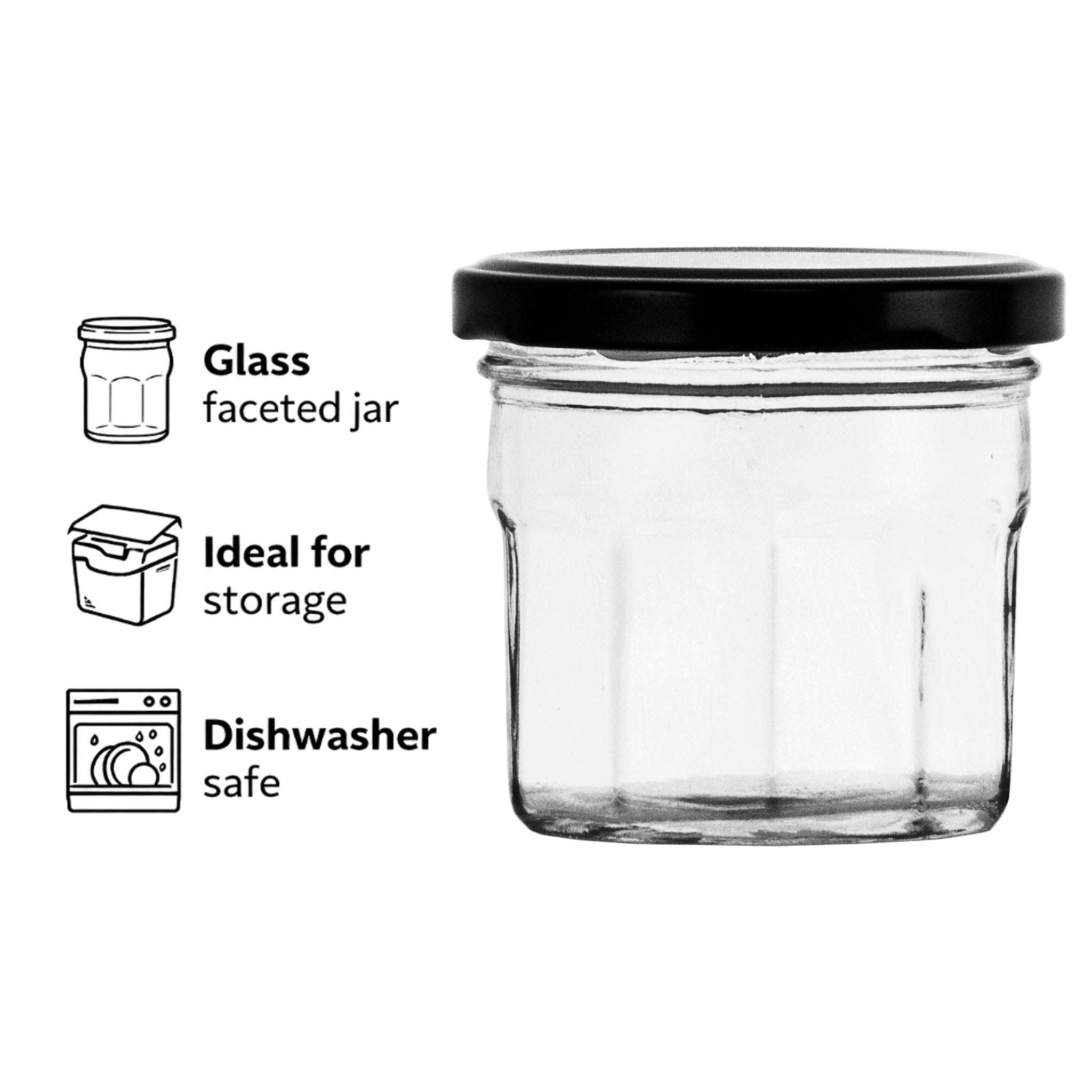 REGENT GLASS FACETED JARS WITH BLACK LIDS 12PK, 150ML