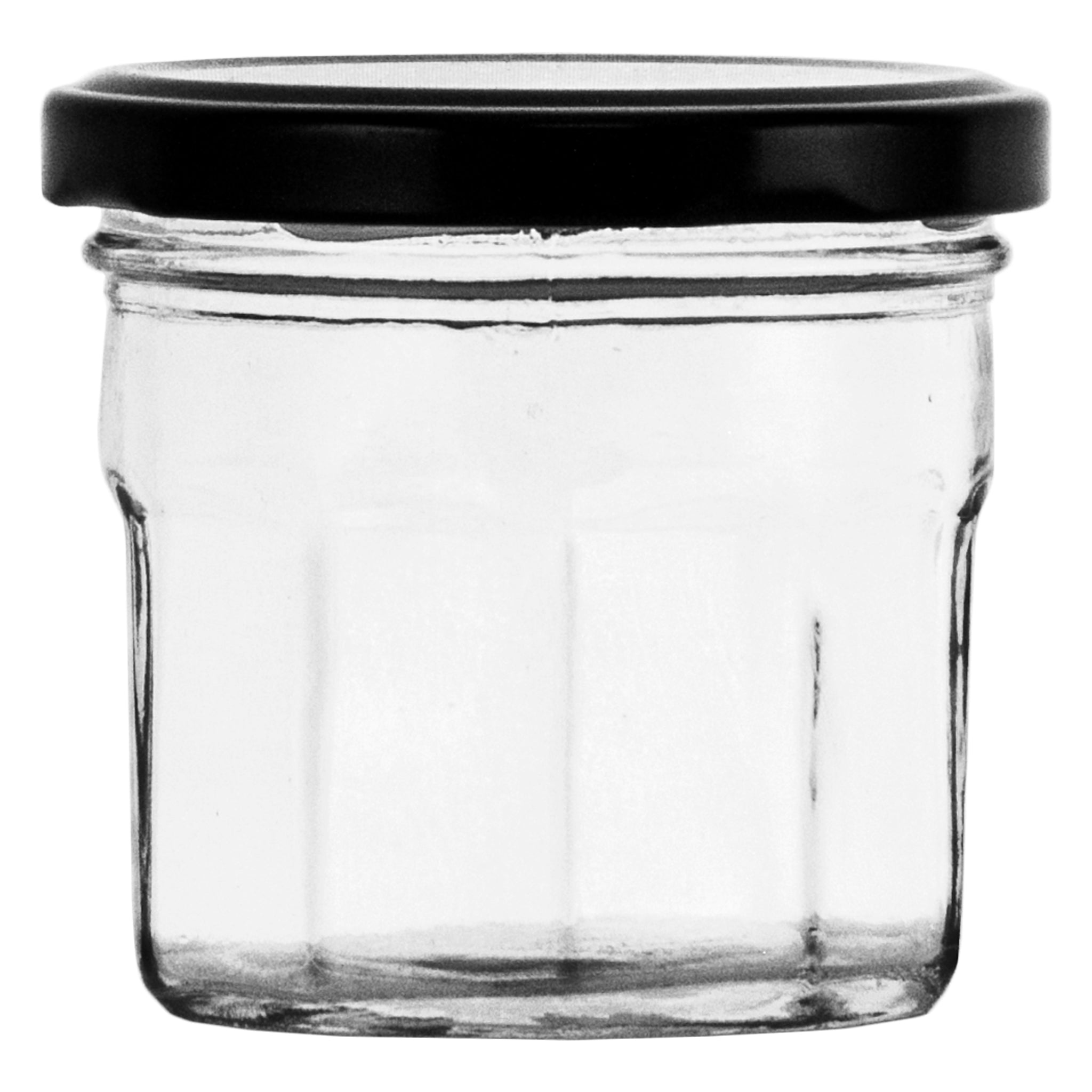 REGENT GLASS FACETED JARS WITH BLACK LIDS 12PK, 150ML