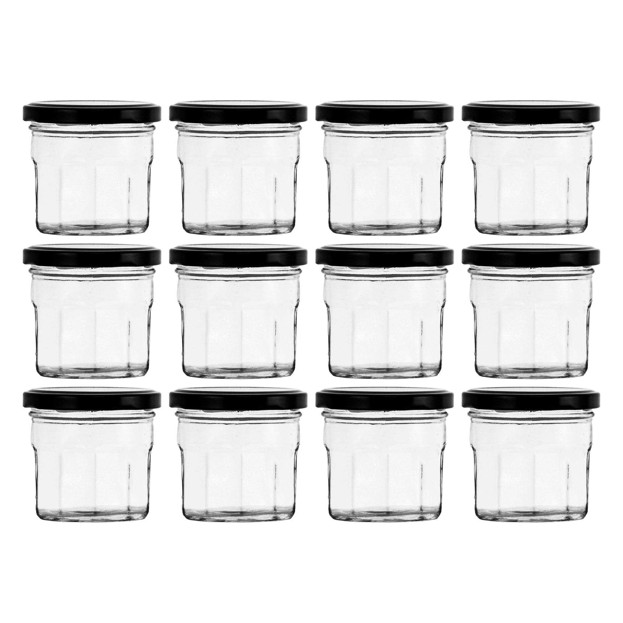 REGENT GLASS FACETED JARS WITH BLACK LIDS 12PK, 150ML